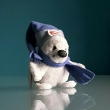 "TRUDI", mini peluche Foca, colore bianco con cappello azzurro, altezza  9 cm.