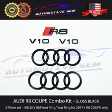 2017+ AUDI R8 Emblem BLACK Front Hood & Trunk Ring V10 Sign Logo Badge Set Coupe