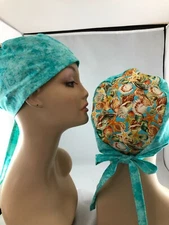 Tie Back Scrub Hat Seashells CNOR CHEF CRNA Xray Cath Lab Vet  Md DMD Dr CORT