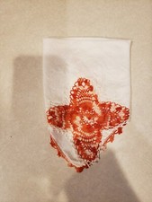 Vintage Handkerchief Hanky with Hand Crocheted Red Edge