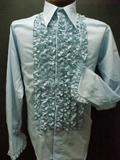VINTAGE RETRO RUFFLED TUXEDO SHIRT LIGHT BLUE WITH BLACK NEW OLD STOCK 15.5/33