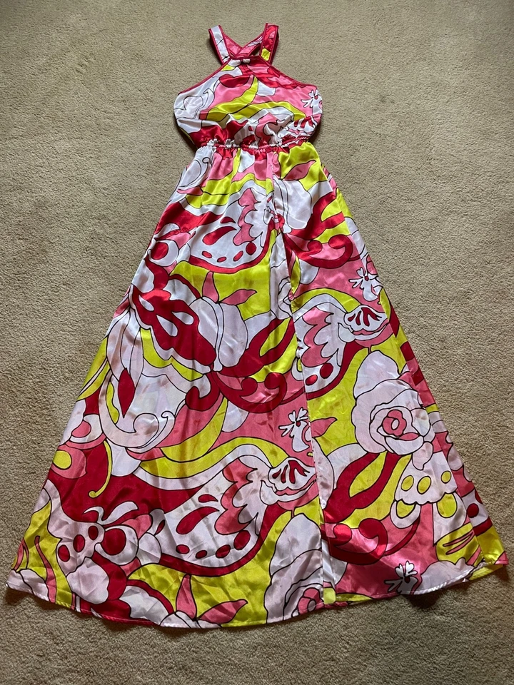 Maxi Vestido Formal Vintage Y2K 2000s XOXO Satinado Caleidoscopio Mod Halter Baile de graduación XS Foto 4 de 4