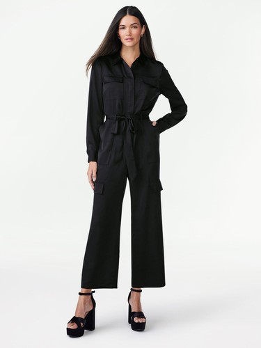 Scoop Women's Satin Jumpsuit Wide Leg With Cargo Pockets, Size L 12-14 Black