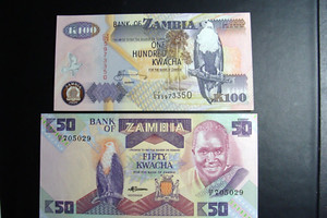 1986,2008 BANK OF ZAMBIA BANKNOTE 50,100 KWACHA KM 28a,38g   UNC