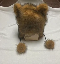  Faux Raccoon Fur Hat with a Tail and Pom Pom’s Adult size