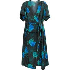 Spenser Jeremy Black Blue Floral Wrap Dress Size 16 100% Silk Formal Church Luxe