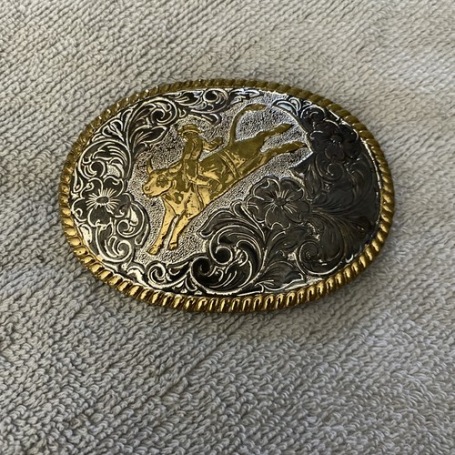 CRUMRINE Belt Buckle 3.75” BULL RIDER M&F Western silver and gold tone