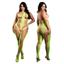 Neon Green Rhinestone Fishnet Bodystocking Halter Ravewear Queen