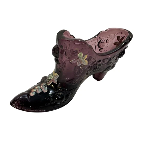 Vtg Fenton Hand Painted Cabbage Rose Purple Glass Slipper Shoe Signed by Artist