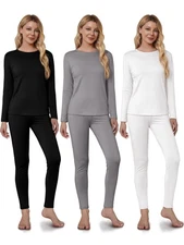 3 Set Thermal Underwear for Women, Long Sleeve Base Layer with Fleece Lined W...
