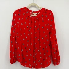 Boden Red Ballet Flats Print Button Front Pleated Blouse Shirt Women's US 6