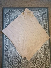 Womens Cable Knit Poncho One Size Beige Fall Classic Neutral Western Cozy