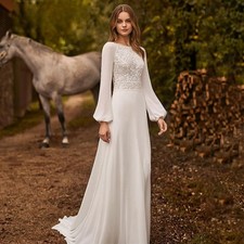Summer Boho Wedding Dresses Long Sleeve Elegant Chiffon A-Line Bridal Gown