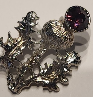 Vintage 925 Sterling Silver Purple Rhinestone Thistle Brooch Pin