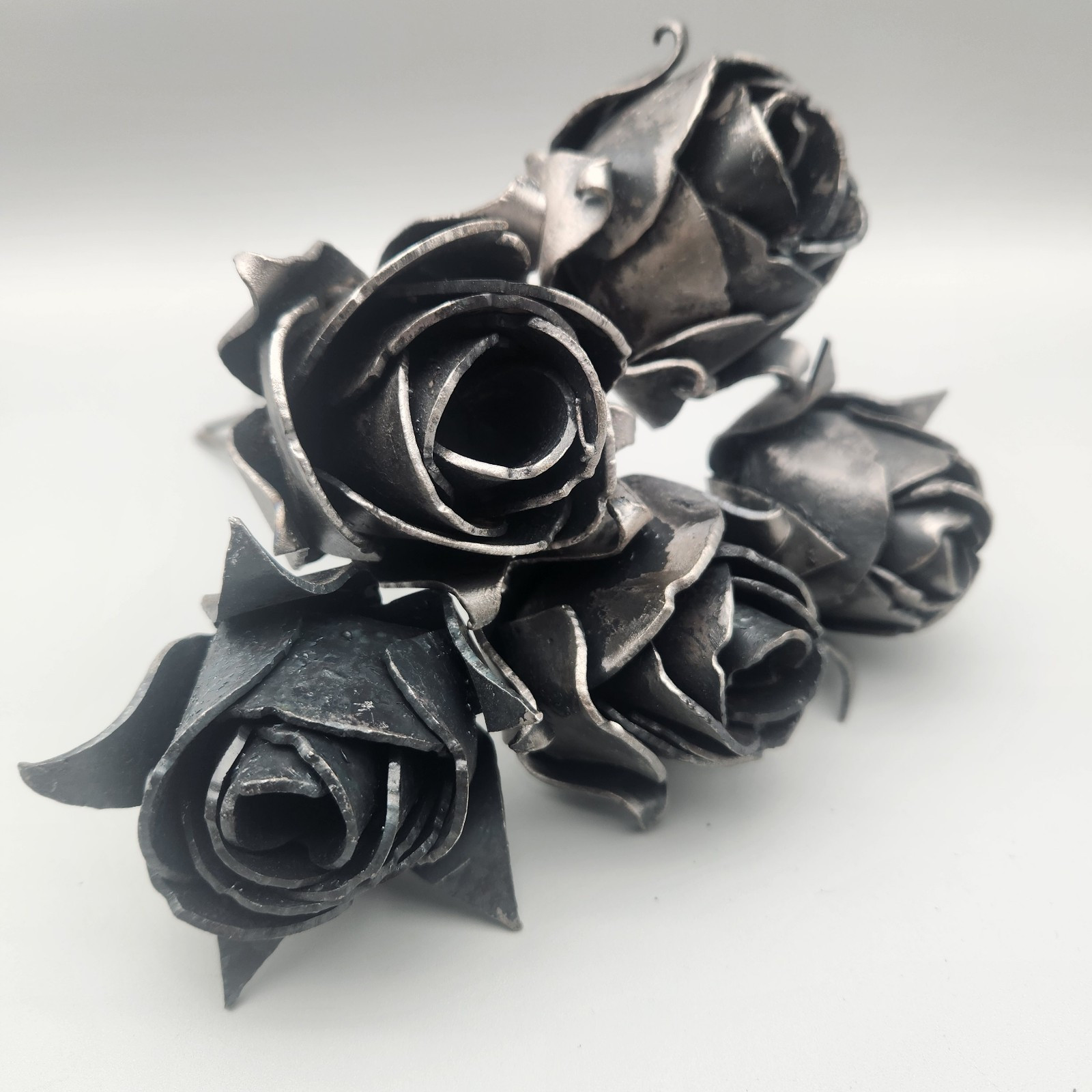 Bouquet (5) Hand Forged ROSES Iron Metal Brutalist  9" Tall ~ 5th Anniversary