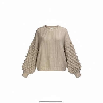 DEBUT Oatmeal Beige Knit Sweater Puffy Crocodile Stitch Sleeves Medium Cropped