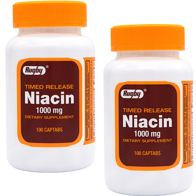 Rugby Niacin 1000 mg Timed Release - 100 Captabs | Gluten Free (1-2027) - 2 Pack
