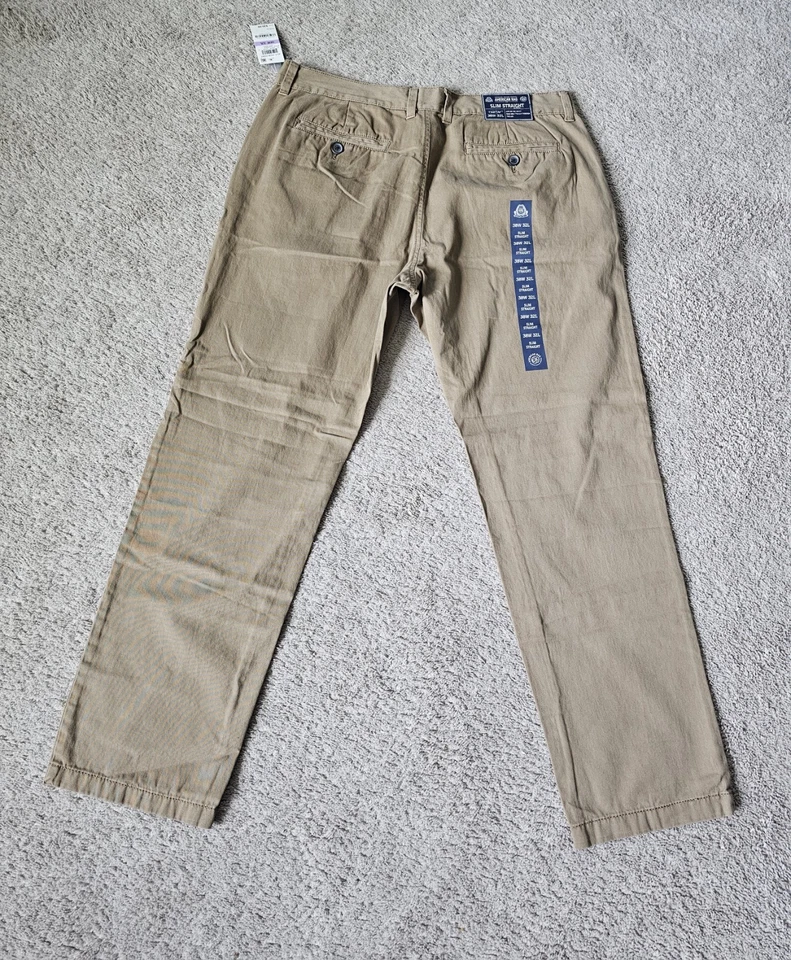 Calça chino AMERICAN RAG cáqui bronzeada masculina confortável elástica tamanho 38x32 slim fit nova com etiquetas - Imagem 3 de 4