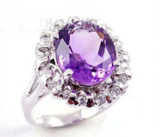 Moda Anillo Púrpura Circonita Cúbica Cristal Ovalado Chapado en Oro Blanco Tamaño:6.7. 8. 9 Foto 2 de 3
