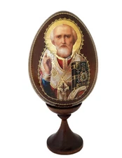 Saint St Nicholas Russian Wooden Icon Egg Gift  5" With Wooden Egg Stand holder