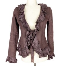 Hazel Dark Brown Ruffle & Lace Blazer Jacket Embroidery Top Women's S Small