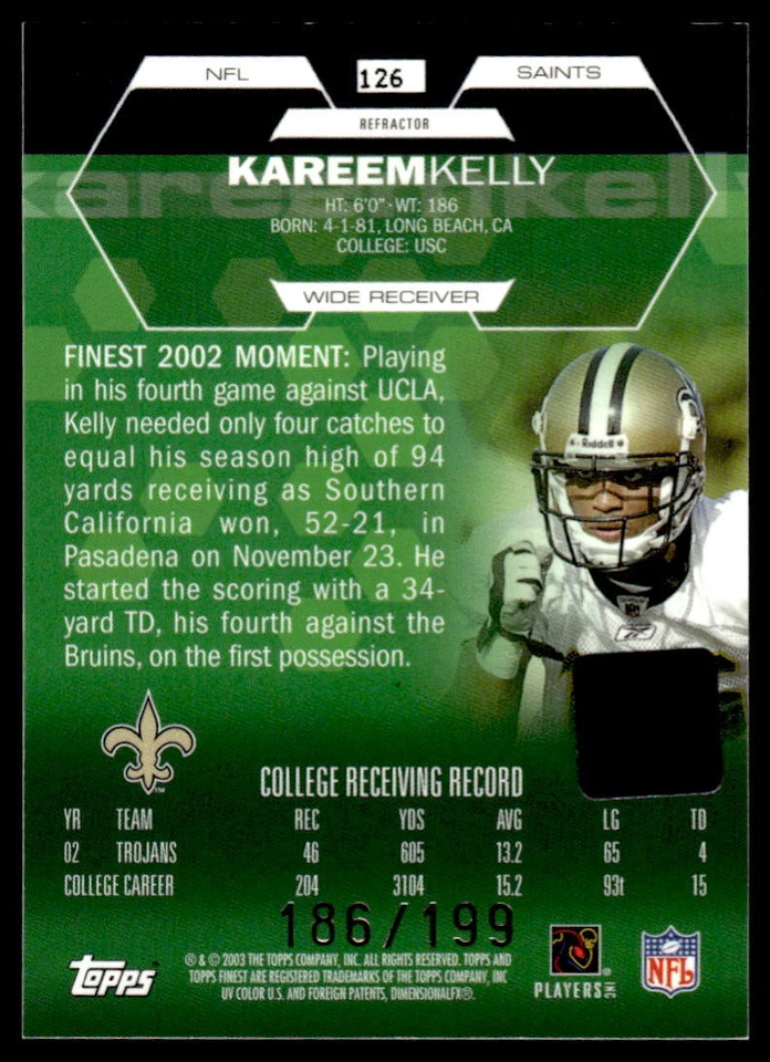 2003 Finest #126 Kareem Kelly FOOTBALL New Orleans Saints - Image 2 of 2