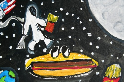 CHEESEBURGER IN SPACE Jr CHARLIE FAST OUTSIDER POLITICAL FOLK POP ART PAINTING - Picture 4 of 10