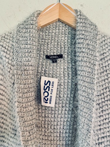 XOXO Sequin Fuzzy Soft Short Sleeve Open Front Cardigan w/Pockets Womens XL Gray - Picture 2 of 4