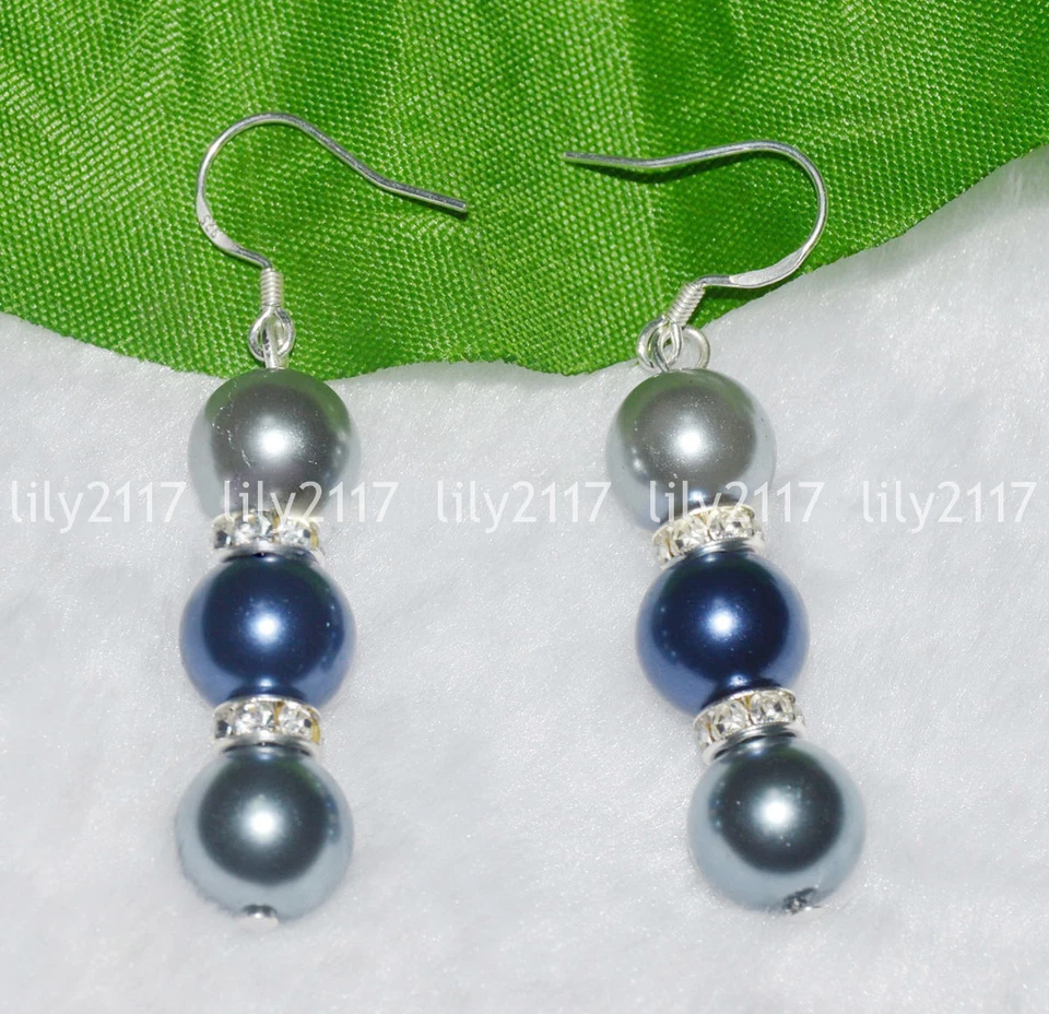 Pendientes colgantes de gancho con perlas redondas concha de mar del sur gris plata azul de 8/10 mm Foto 3 de 3