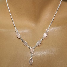 Quarzo Rosa Argento Collana 925 Collier 40cm Catena 6 Cabochon Pietre Preziose