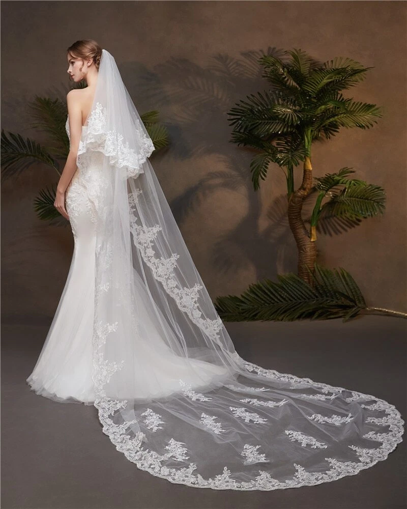 Two layers of lace side cathedral wedding veil, with comb bride veil  accessories