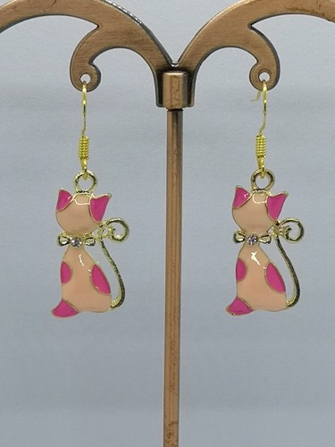 Drop / Dangle Earrings - Pink Enamelled Cat - Gold Plated Hooks - Picture 4 of 6
