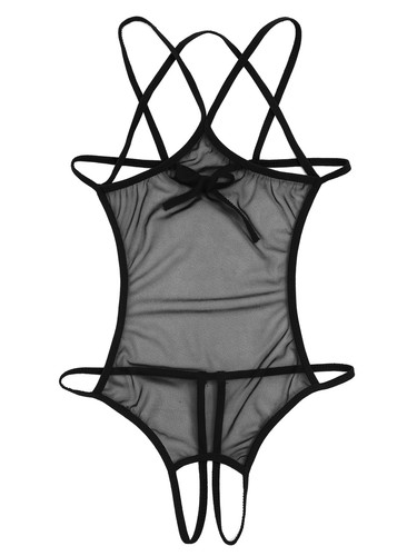 UK Women's Sexy Glossy U Neck Crotchless Bodysuit See-through High Cut Leotard - Picture 75 of 82