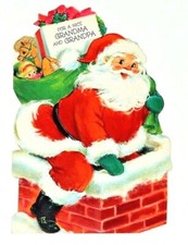 Vintage Hallmark Christmas Card Santa Holding Gift Bag Chimney Grandparents