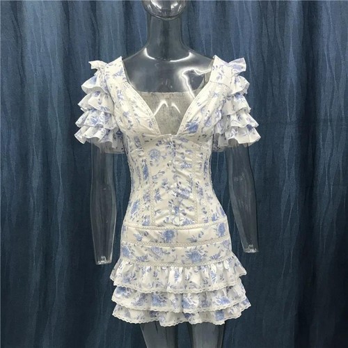Fancy Style Crochet Trimmed Floral Cotton Mini Dress Pink and White