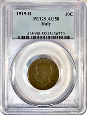 Chiave Data 1919-R Italia Vittorio Emanuele III 10 Centesimi Roma Zecca PCGS AU58