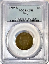 Key Date 1919-R Italy Vittorio Emanuele III 10 Centesimi Rome Mint PCGS AU58