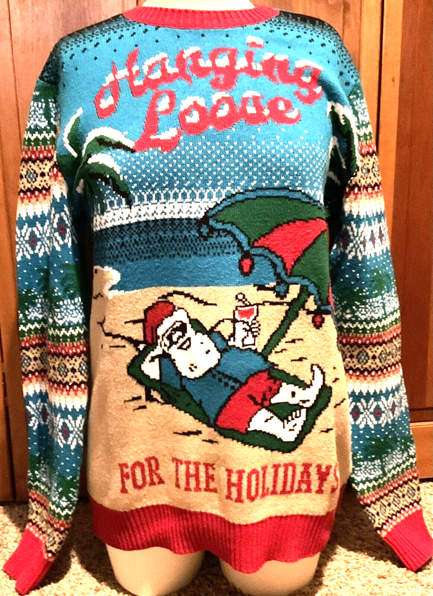 UGLY CHRISTMAS SWEATER Unisex XL Santa Hanging Loose for the Holidays