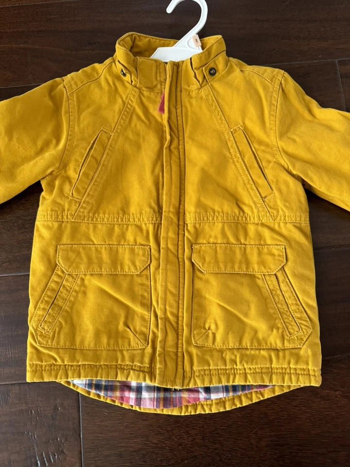 Genuine Kids By OshKosh Boys Mustard Yellow Hooded Lined Plaid Fall Coat size 3T - Image 2 of 4