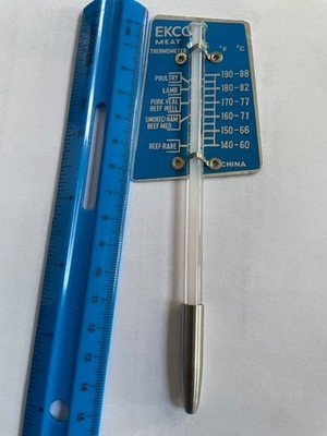 Vintage 90s Ekco Meat Thermometer Blue Aluminum & Glass Beef Roasts Pork Poultry