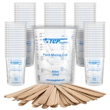 20oz (600ml) Flexible Clear Graduated Plastic Mixing Cups 100pk & 50 Mix Sticks