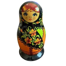 Russian Nesting Stacking Dolls Floral Matryo Vintage Green & Orange 3 Stack