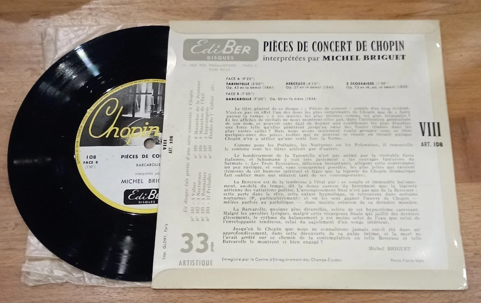 MICHEL BRIGUET : PIECES DE CONCERT DE CHOPIN, Ediber Art. 108, 33 Tours - Photo 2/2