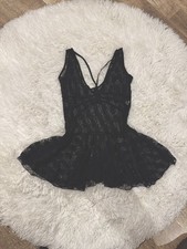 Y2K Black Lace Ruffle Mini Dress Slip SZ M backless Fairy Goth Punk Sexy Grunge 