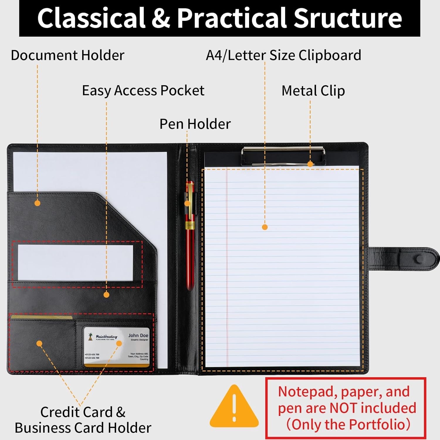 Leather Padfolio Business Portfolio Notebook Binder Office Organizer & writing