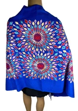 Urban Coco Colorful Floral Embroidered Scarf Blue Very Soft w/Fringe 28"x 62"