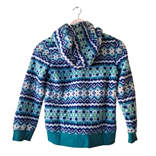 NWT Lands' End Hoodie High Fleece Spade Blue Chevron Fair Isle Girls Size Medium - Picture 2 of 11