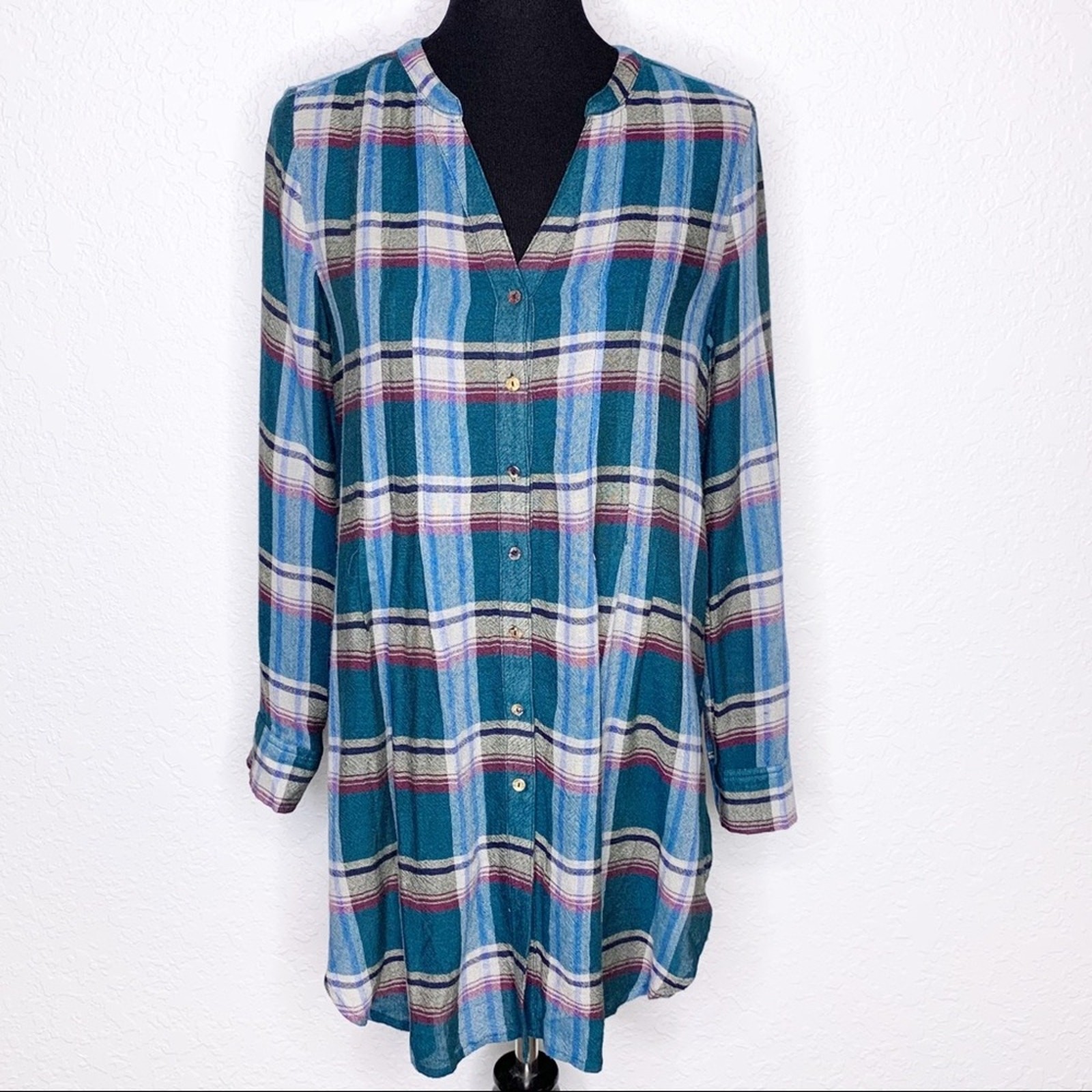 Anthropologie Akemi + Kin Lucie blue green plaid button down tunic size XS image 2