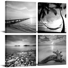 - Black and White Beach Wall Art Seascape Painting Sunrise Scenery Picture Gi...