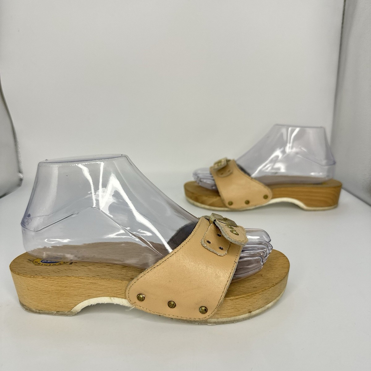 Scholl's Original Wood Sandals Nude Leather Brass Women Size